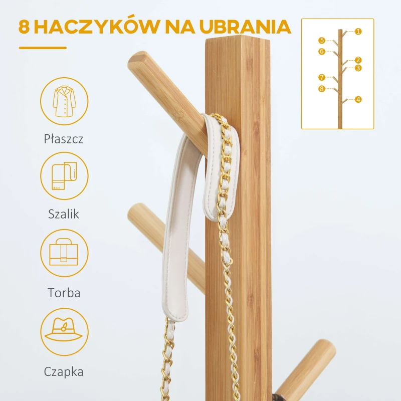 HOMCOM Wieszak na ubrania 8 Haków Wodoodporność i trwałość Zajmuje mało miejsca Materiał bambusowy 49,5 x 49,5 x 178 cm Naturalny(m-4)