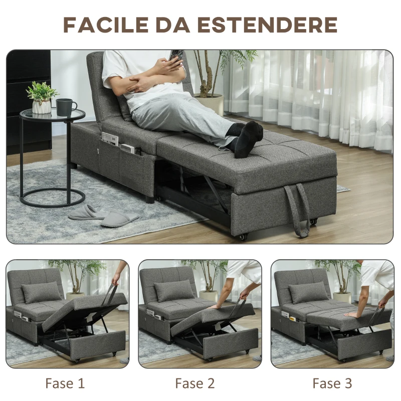 HOMCOM Poltrona Letto 4 in 1 Convertibile in Chaise Longue e Poggiapiedi con Sistema Clic Clac, Grigio