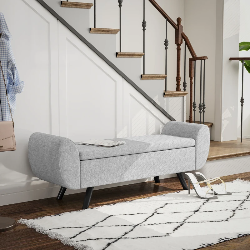 HOMCOM Storage Ottoman with Armrest, Upholstered Linen Storage Bench, Window Seat with Rubberwood Legs, Footstool for Bedroom Living Room, Hallway, Dark Grey