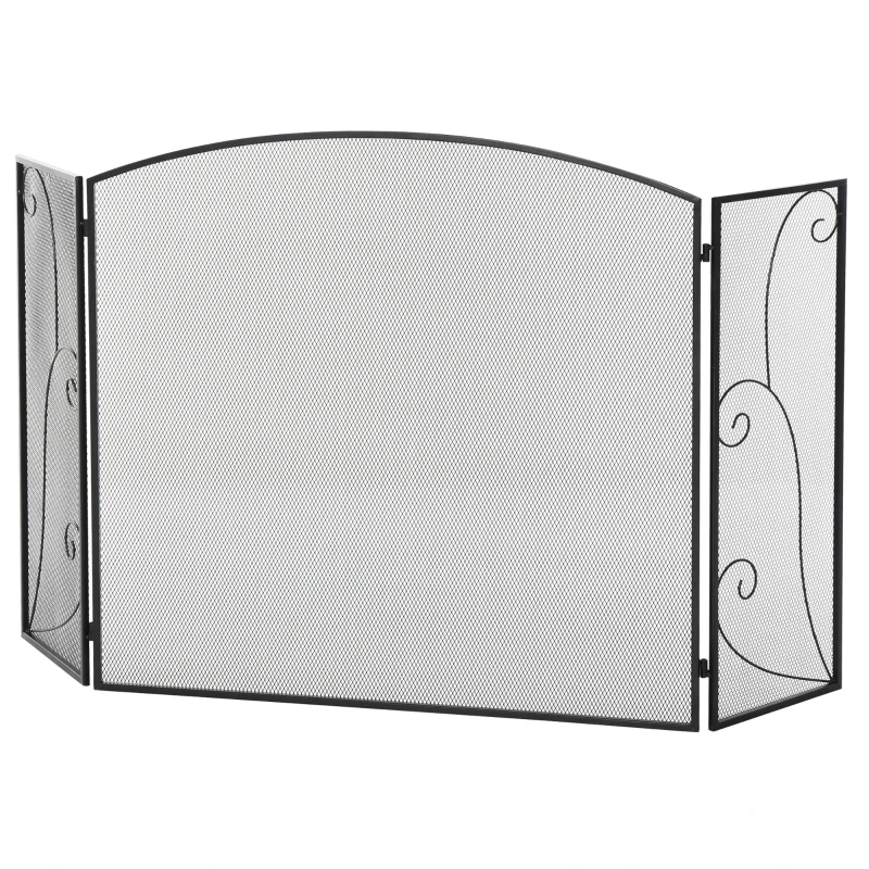 HOMCOM Frente para Lareira de 3 Painéis Dobrável com Dobradiças Estrutura Metálica e Malha Decorativa 132,5x76,5cm Preto