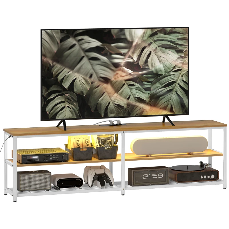 HOMCOM Móvel de TV com Luzes LED Controlo Remoto Extensão e 2 Compartimentos Móvel para Televisores de até 65 Polegadas 159x29x46,5 cm Madeira