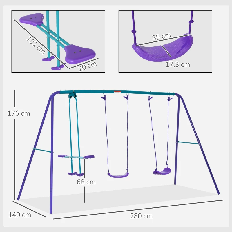 Outsunny Conjunto de Baloiços de Jardim com Altura Ajustável Baloiços para Crianças com Baloiço Duplo  280x140x178 cm Azul e Roxo