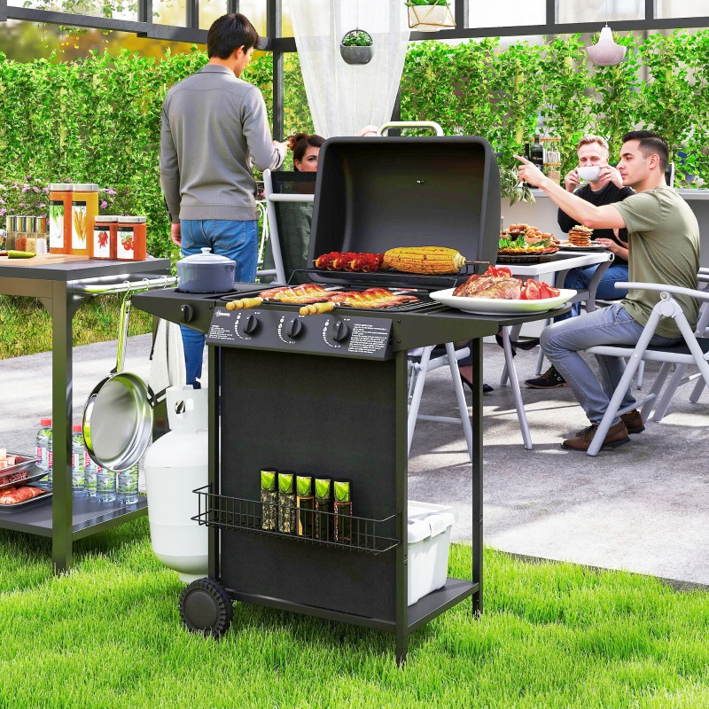 Outsunny Barbacoa de Gas con 3 Quemadores Quemador Lateral Tapa con Termómetro Parrilla y Mesa Lateral Ruedas 108x54x97 cm Negro