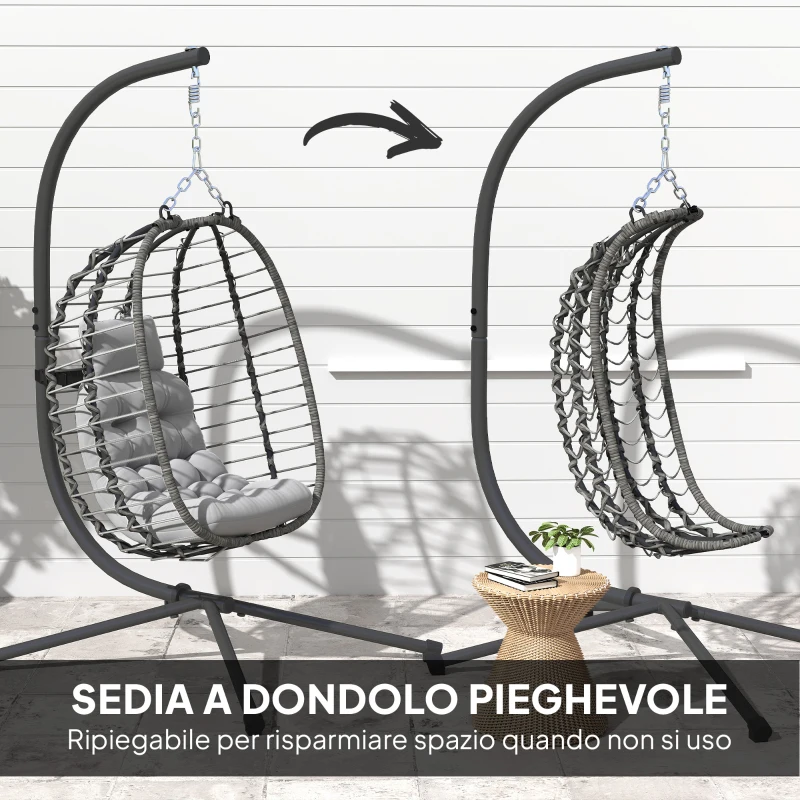 Outsunny Sedia Sospesa in Rattan a Uovo con Cuscino e Poggiatesta, Altezza Regolabile e Seduta Richiudibile, Grigio