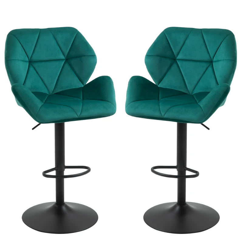 HOMCOM Bar Stools Set of 2, Swivel Velvet-feel Barstools with Wide Seat, Adjustable Height and Footrest, Breakfast Bar Chairs for Kitchen, Dining Room, Green