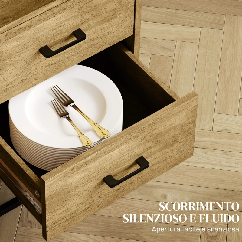 HOMCOM Credenza Moderna con 2 Cassetti, Armadietto Regolabile e Ripiano Aperto, in Legno e Acciaio, 80x40x78 cm, Marrone