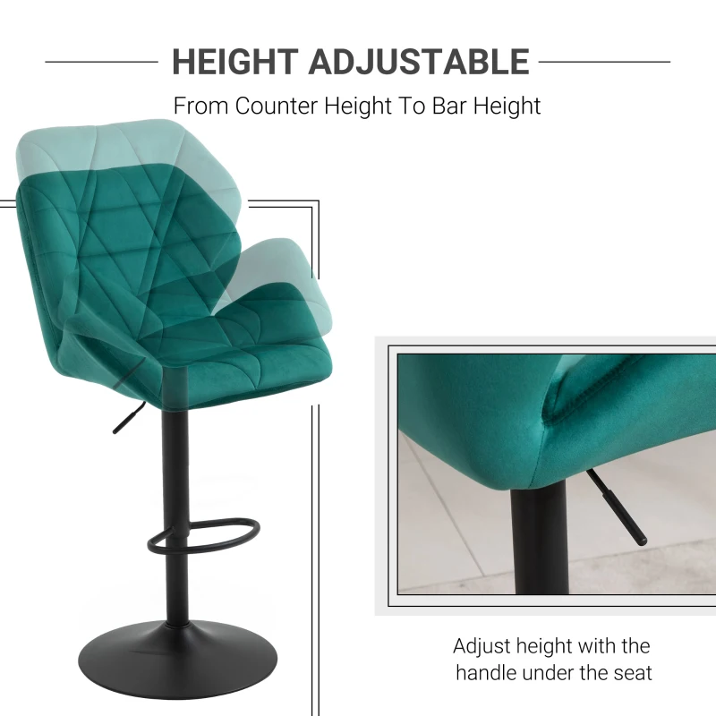 HOMCOM Bar Stools Set of 2, Swivel Velvet-feel Barstools with Wide Seat, Adjustable Height and Footrest, Breakfast Bar Chairs for Kitchen, Dining Room, Green