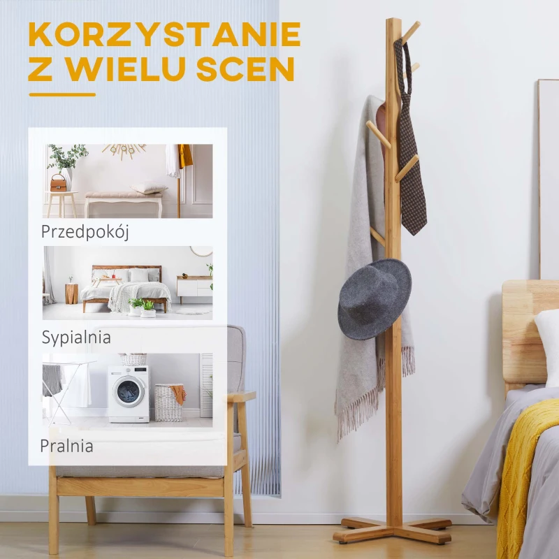 HOMCOM Wieszak na ubrania 8 Haków Wodoodporność i trwałość Zajmuje mało miejsca Materiał bambusowy 49,5 x 49,5 x 178 cm Naturalny(m-6)