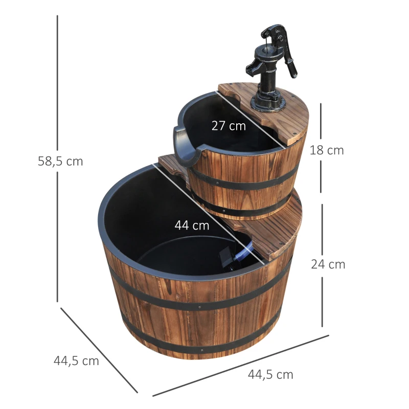 Outsunny Fonte de Água em Madeira em Cascata de 2 Níveis com Bomba Elétrica e Saída de Água Ajustável  Ø44,5x58,5 cm Madeira