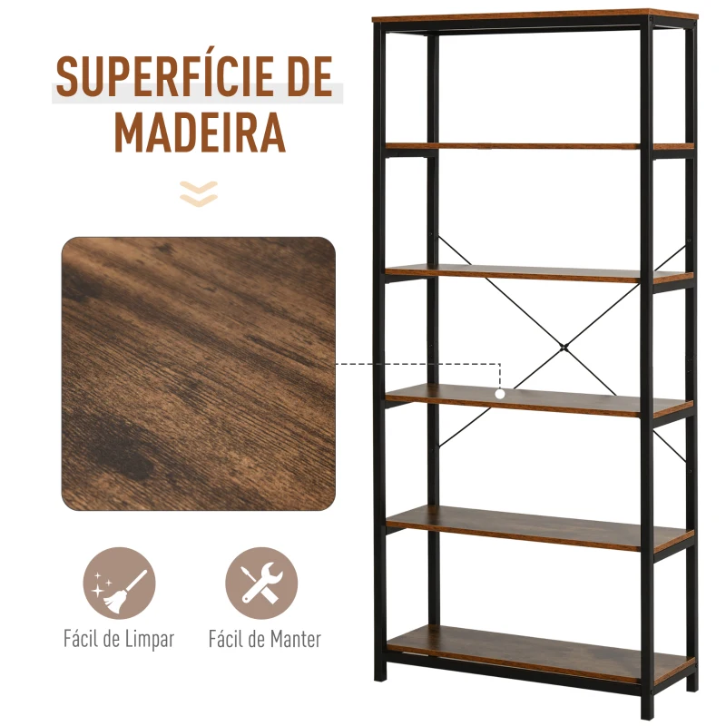HOMCOM Estante estilo industrial com 6 prateleiras abertas para sala de estar Escritório 80x30x180 cm Castanho Rústico