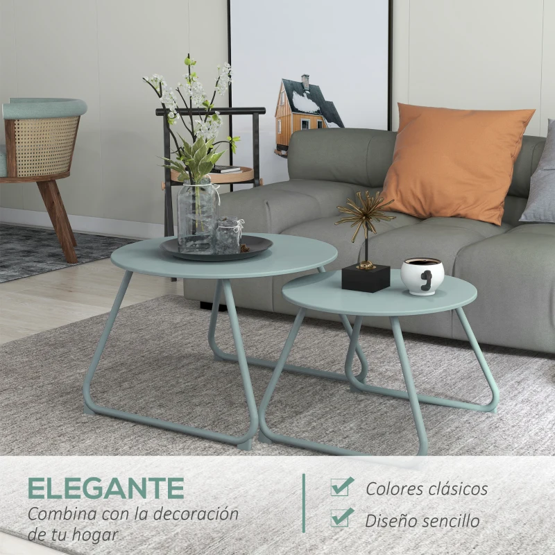 Outsunny Juego de 2 Mesas de Jardín Apilables con Estructura de Metal y Recubrimiento Epoxi Anticorrosivo para Terraza Azul