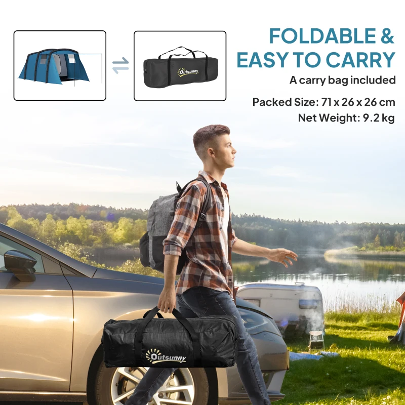 Outsunny Inflatable 3-4 Man Tunnel Tent w/ Air Pump, Living Area & Vestibule, Waterproof Family Camping Air Tent w/ Sewn In Groundsheet & Removable Footprint for Camping, Hiking, Blue