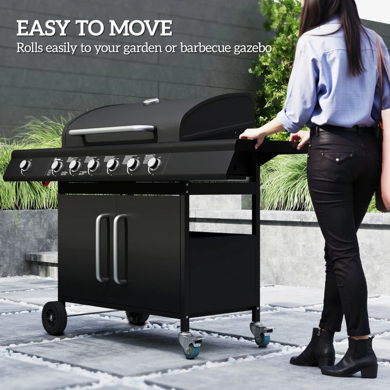 Outsunny Grill Gazowy na Kółkach z Przeszklonym Magazynkiem, Boczny Stół, Boczny Palnik, Półka Grzewcza, Termometr, Stal Nierdzewna, Czarny