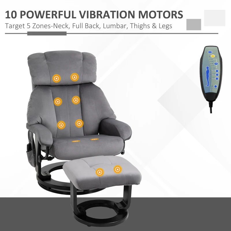 HOMCOM Fotoliu Reglabil cu Telecomandă și Suport pentru Picioare, Fotoliu cu 10 Puncte de Masaj, 74x85x102 cm, Gri