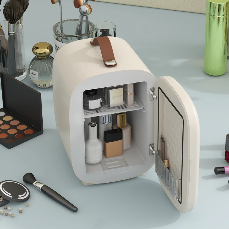 HOMCOM Mini Lodówka Lodówka Beauty Fridge, 4 L Pojemność, 20,3 x 26,3 x 28 cm, Kremowy(m-8)