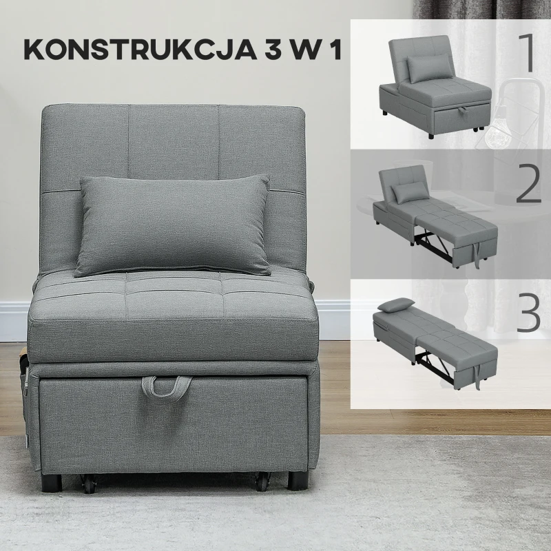 HOMCOM Rozkładany Fotel 3-w-1 z Kieszonką, Gościnne Łóżko z Poduszką, Regulowane Oparcie, Fotel do Spania na Kółkach, Jasnoszary(m-6)