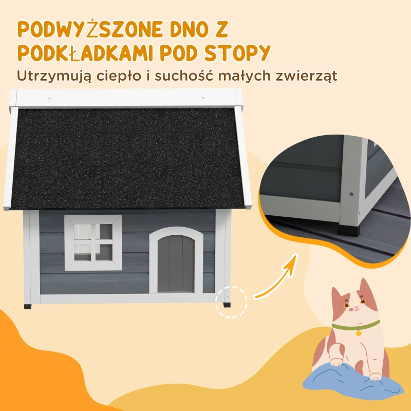 PawHut Domek dla kota, odporny na warunki atmosferyczne, z oknem, 77x57,5x68cm, Szary/Czarny(m-8)