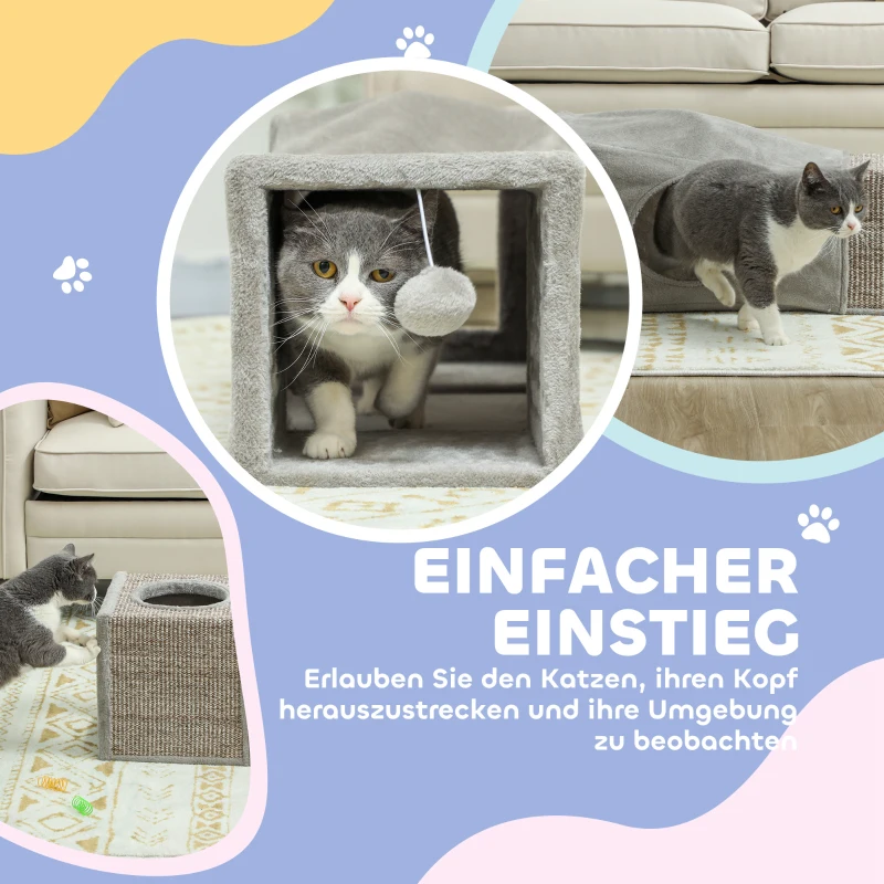 PawHut Kattentunnel met 2 Kattenholen, Kraboppervlakken en Balspeelgoed, 98 cm x 30 cm x 30 cm, Bruin + Grijs