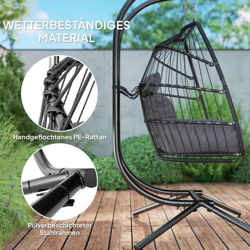 Outsunny Hängestuhl, Faltbarer Korbstuhl mit Kissen, Stahlrahmen, für drinnen und draußen, bis zu 260 kg belastbar, Dunkelgrau