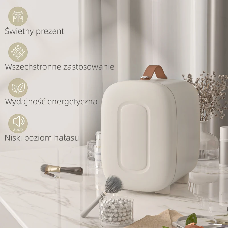 HOMCOM Mini Lodówka Lodówka Beauty Fridge, 4 L Pojemność, 20,3 x 26,3 x 28 cm, Kremowy(m-7)