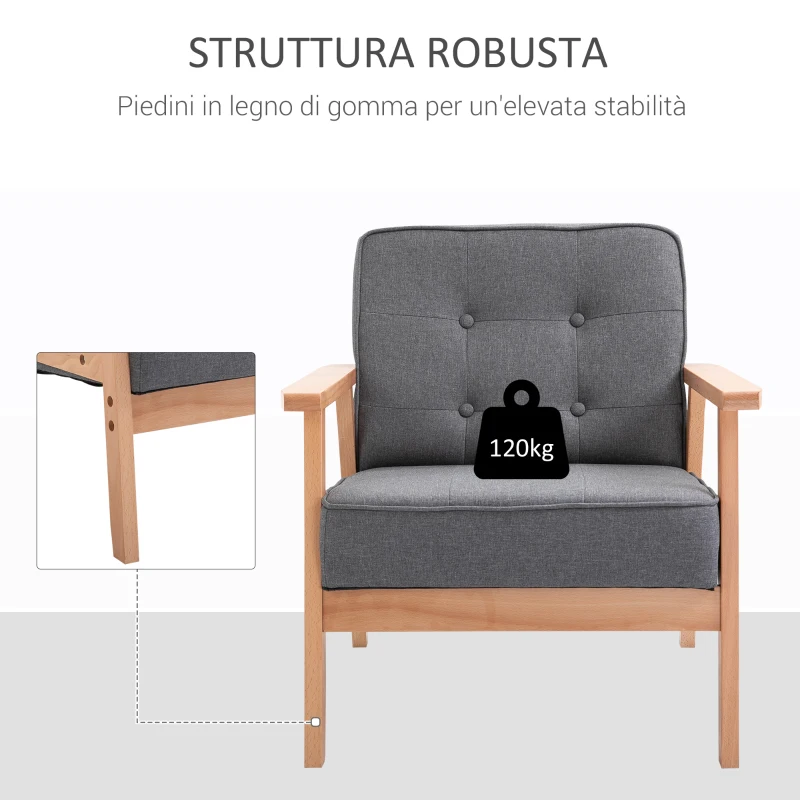 HOMCOM Poltrona Stile Scandinavo Imbottita e Trapuntata a Bottoni in Tessuto e Legno, 64.5x70x74cm, Grigio
