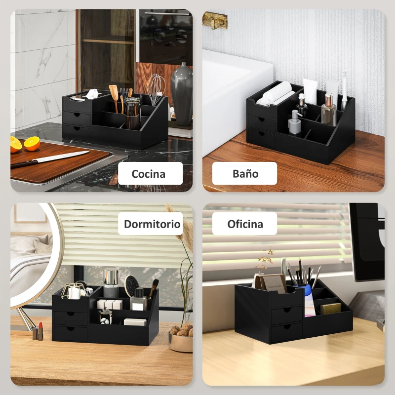 HOMCOM Organizador de Escritorio de Bambú con 2 Cajones 6 Compartimentos y Estante para Oficina Hogar 33x20,5x15,5 cm Negro