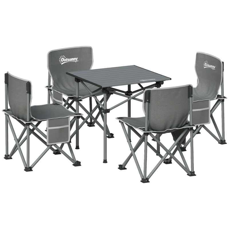 Outsunny Conjunto de Mesa y 4 Sillas de Camping Plegables con Bolsillos Laterales y Bolsa de Transporte Estructura Metálica Gris