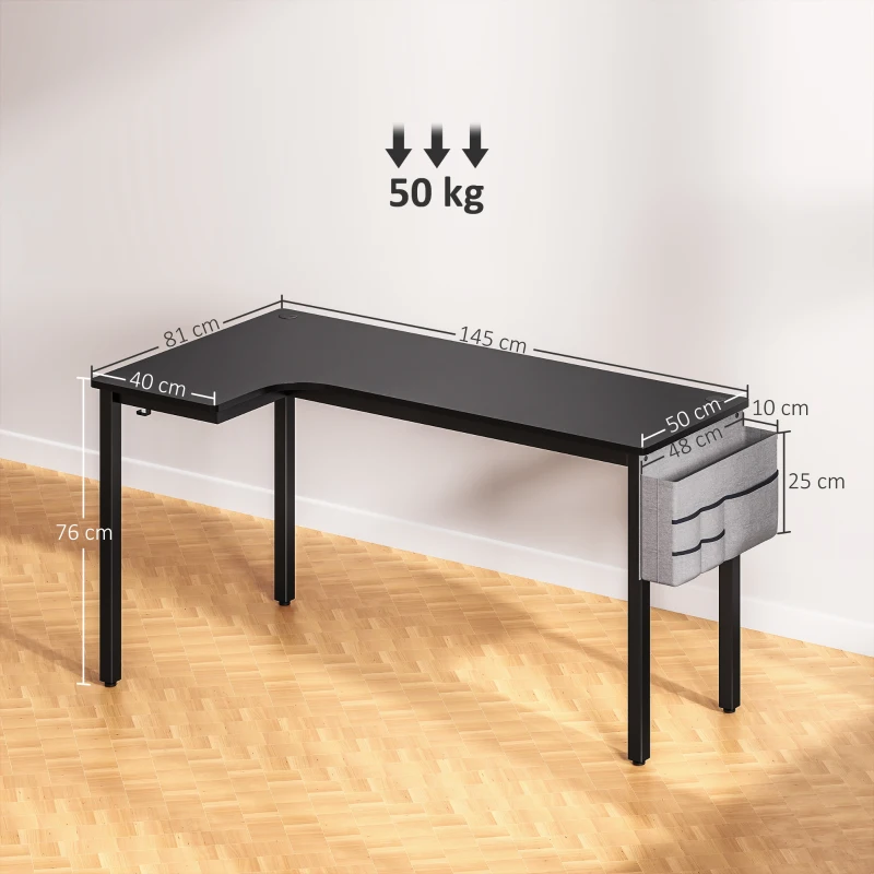 HOMCOM L-Shaped Computer Gaming Desk with Fabric Bag, Hooks and Cable Management, 145 x 81 x 76cm - Black