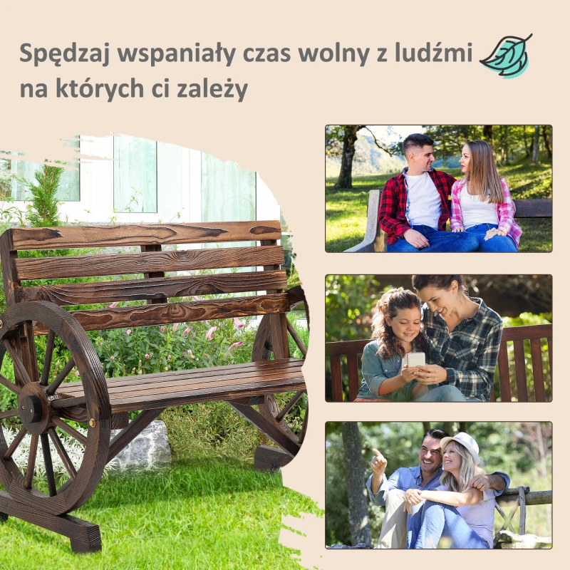 Outsunny Ławka ogrodowa 2-osobowa, drewniana ławka, design z kołem wozu, do 240 kg(m-7)
