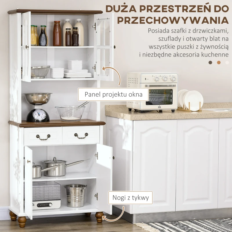 HOMCOM Szafka kuchenna z 2 szufladami, wysoki szafką z otwartą półką, szafka z witryną i funkcją Soft-Close do salonu, kuchni, 76 x 38 x 182 cm, biały(m-4)