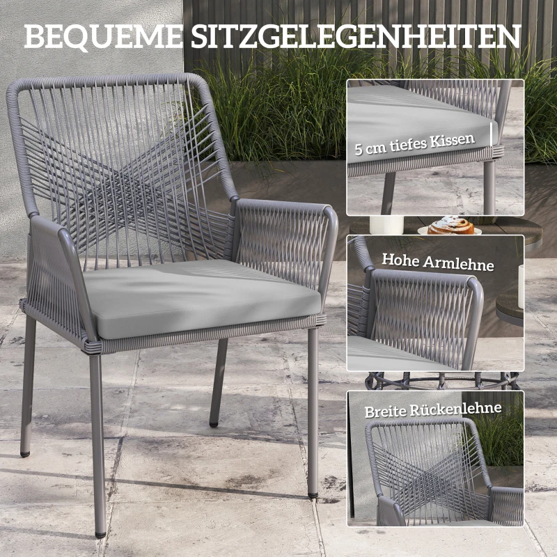 Outsunny Set van 2 Tuinstoelen, Terrasstoelen met Wasbare Kussens, Rug- en Armleuningen, Staal, Rattan, Donkergrijs