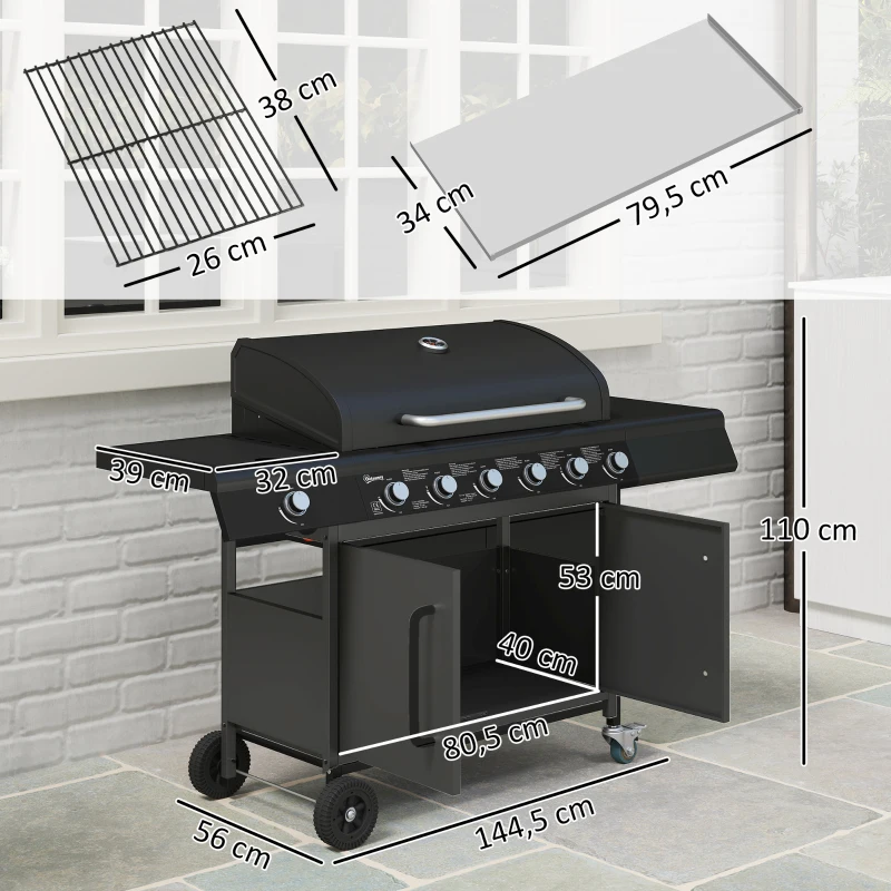 Outsunny Fahrbarer Gasgrill mit Stauraum, Seitentisch, Seitenbrenner, Warmhalterost, Thermometer, Edelstahl, Schwarz