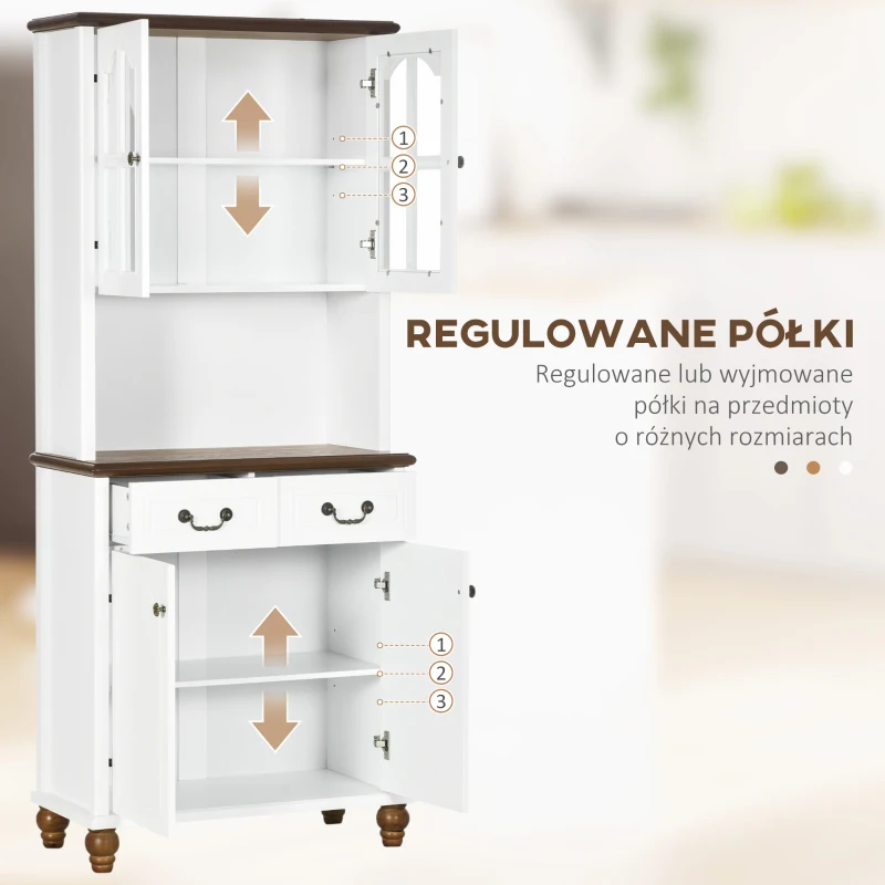 HOMCOM Szafka kuchenna z 2 szufladami, wysoki szafką z otwartą półką, szafka z witryną i funkcją Soft-Close do salonu, kuchni, 76 x 38 x 182 cm, biały(m-5)