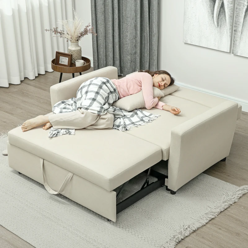 HOMCOM Sofa 2-osobowa z Funkcją Spania, Regulowane Oparcie, Tapicerka Aksamitna, do Salonu, Sypialni, Beżowy(m-8)