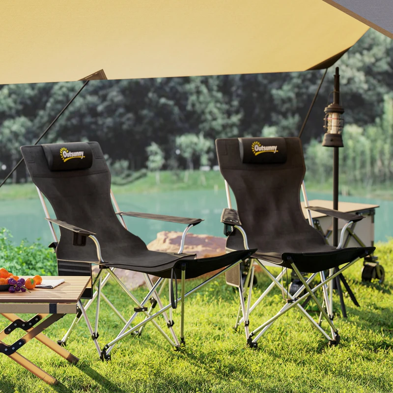 Outsunny Conjunto de 2 Sillas Plegables Camping con Reposapiés Desmontable Reposacabezas Portavasos y Bolsa 82x50/100x88 cm Negro