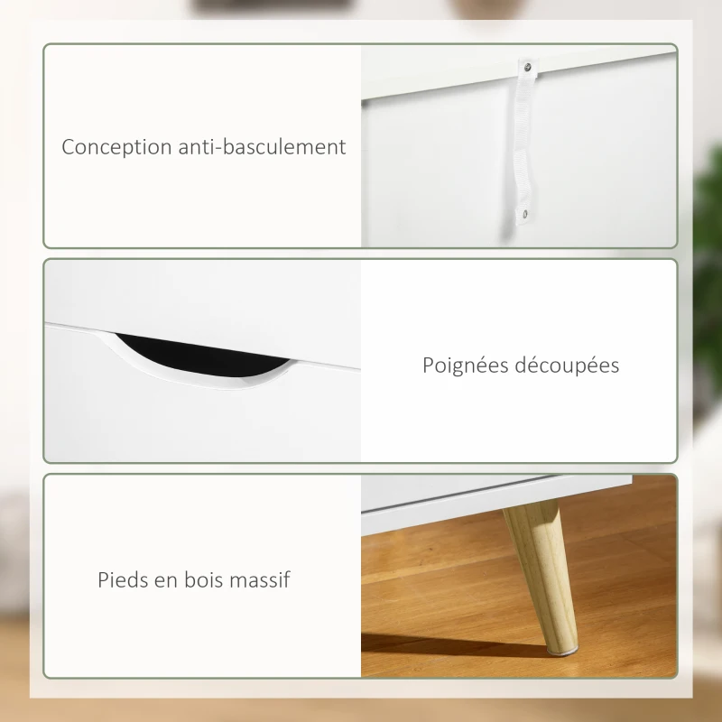 HOMCOM Commode 6 tiroirs meuble de rangement 5 pieds biseautés en bois  120 x 40 x 76 cm blanc