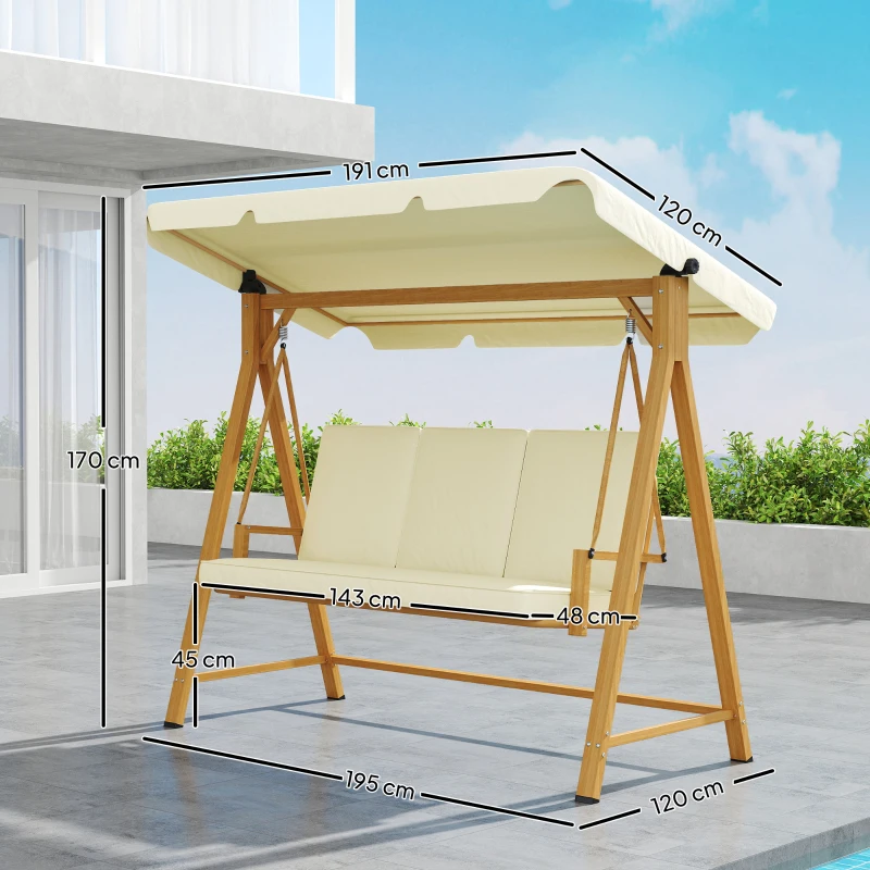 Outsunny Dondolo da Giardino 3 Posti con Tettuccio Regolabile e Cuscini, 195x120x170 cm, Beige