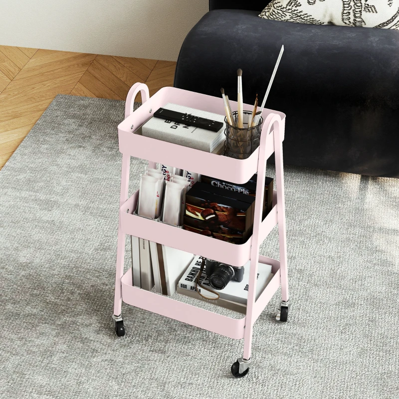 HOMCOM Three-Tier Storage Trolley - Pink