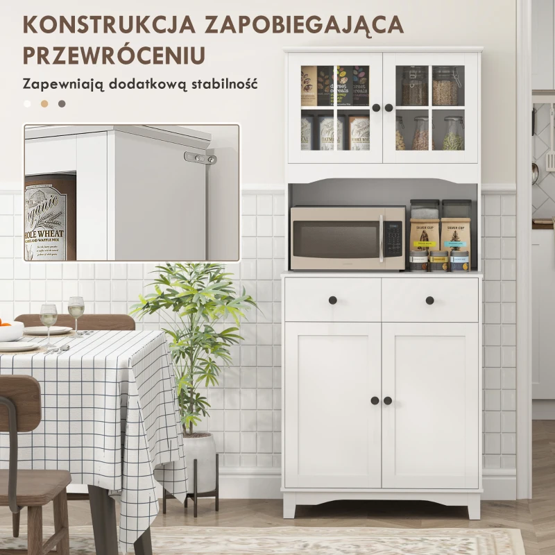 HOMCOM Wolnostojąca Szafka Kuchenna z Blatem dla Mikrofalówki, Ekspresu do Kawy, Szafki z Drzwiami Szklanymi, Biała(m-7)