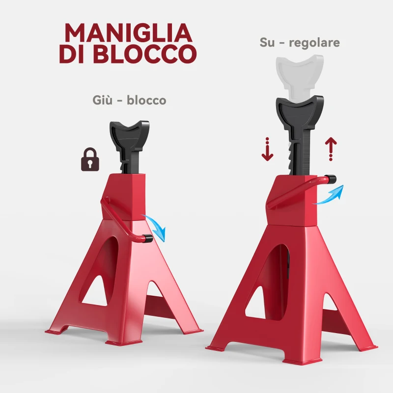 HOMCOM Set 2 Cavalletti Auto da 3 Tonnellate Regolabili da 29-42.5 cm, Acciaio al Carbonio e Ghisa, Rosso