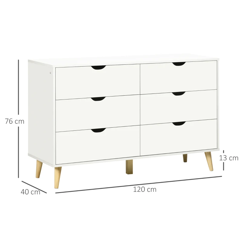 HOMCOM Cómoda con 6 Cajones Cajonera para Dormitorio Salón Estudio Estilo Moderno 120x40x76 cm Blanco(m-3)