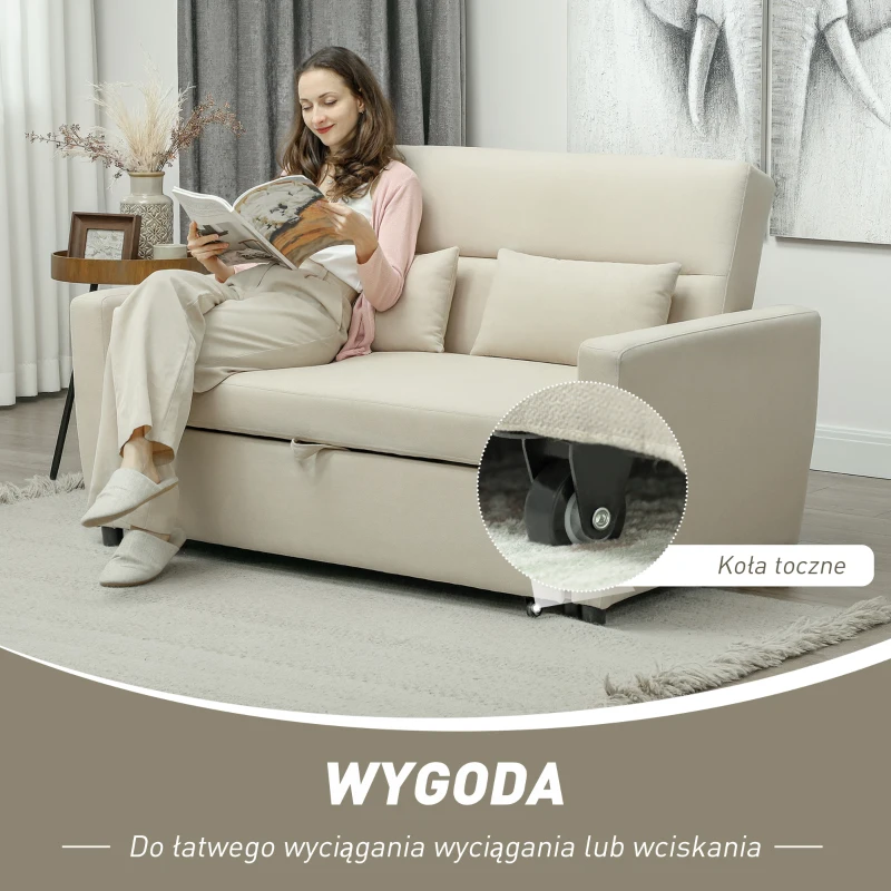 HOMCOM Sofa 2-osobowa z Funkcją Spania, Regulowane Oparcie, Tapicerka Aksamitna, do Salonu, Sypialni, Beżowy(m-4)