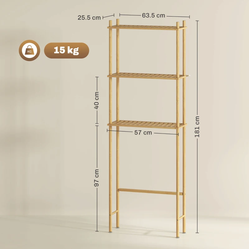 HOMCOM Bamboo Over Toilet Storage Unit with 3 Slatted Shelves, 3-Tier Freestanding Bathroom Shelf, Bathroom Space Saver, Natural Wood Finish