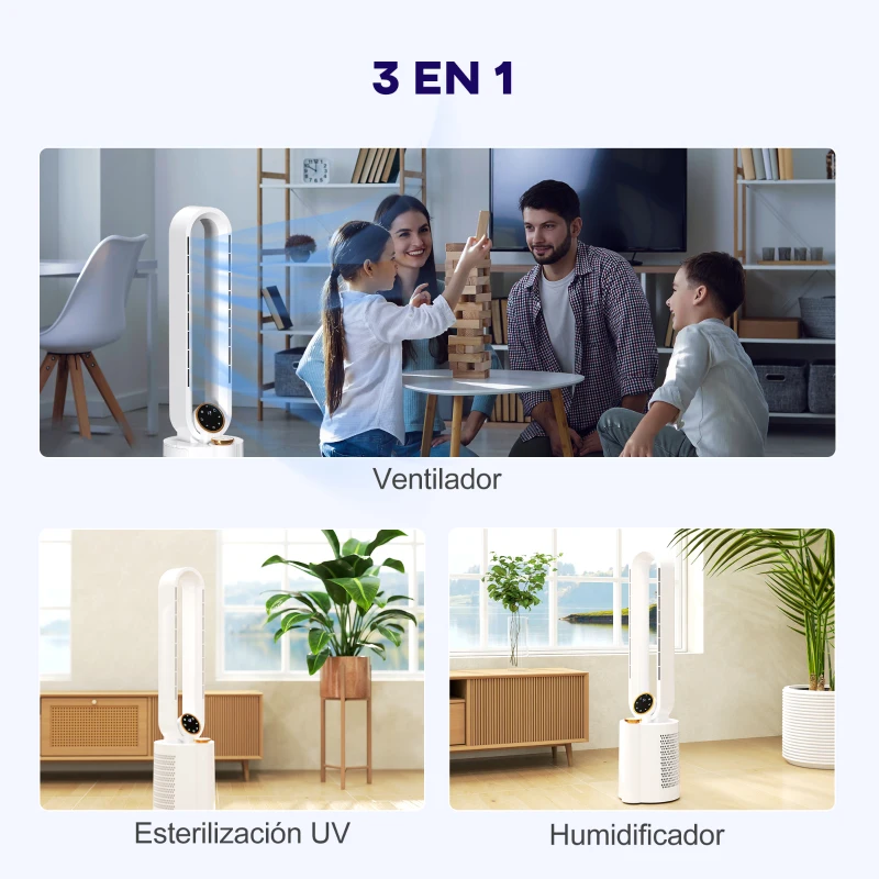 HOMCOM Ventilador de Torre sin Aspas con Humidificador Luz UV Oscilación y Mando a Distancia 24x26,5x97 cm Blanco