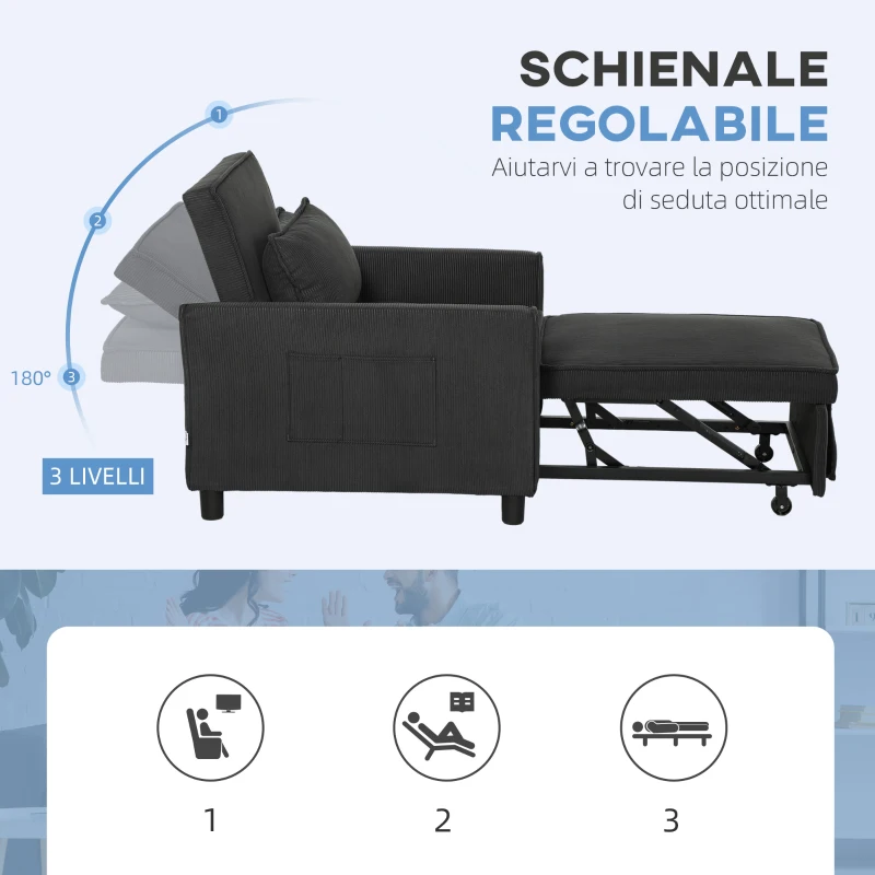 HOMCOM Poltrona Letto Reclinabile con Tasche Laterali, in Tessuto Effetto Velluto, 74x84x81 cm, Grigio Scuro