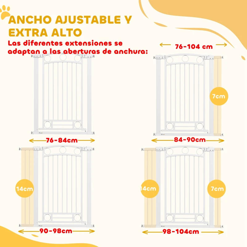 PawHut Puerta para Perros con Ancho Ajustable 76-104 cm Barrera de Seguridad para Perros con 2 Extensiones Blanco