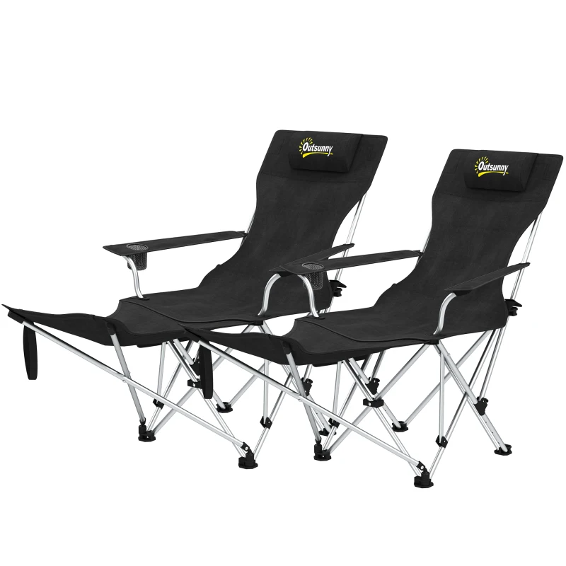 Outsunny Conjunto de 2 Sillas Plegables Camping con Reposapiés Desmontable Reposacabezas Portavasos y Bolsa 82x50/100x88 cm Negro