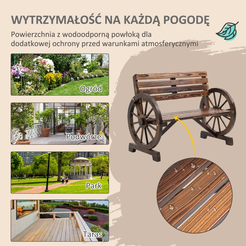 Outsunny Ławka ogrodowa 2-osobowa, drewniana ławka, design z kołem wozu, do 240 kg(m-6)