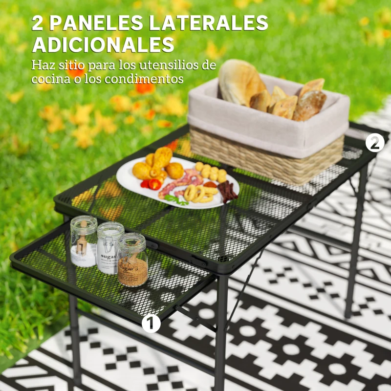 Outsunny Mesa de Camping Plegable con Laterales Abatibles Altura Ajustable y Encimera Metálica de Rejilla 137x62x67 cm Negro