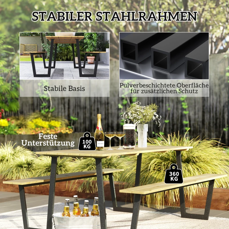 Outsunny 3-Delige Biertafelset Hout met Parasolgat, Biertafel 2 x Bierbank 175 x 148 x 78 cm Natuurhout